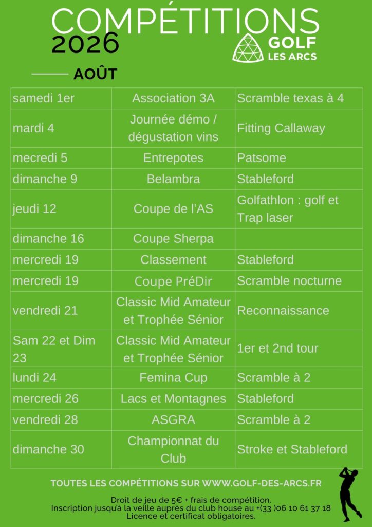 compétitions de golf les arcs août 2026